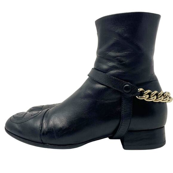 Gucci‎ Boots GG Logo Monogram Western Chain Black Leather Ankle Booties Shoe 6.5 - Picture 5 of 13